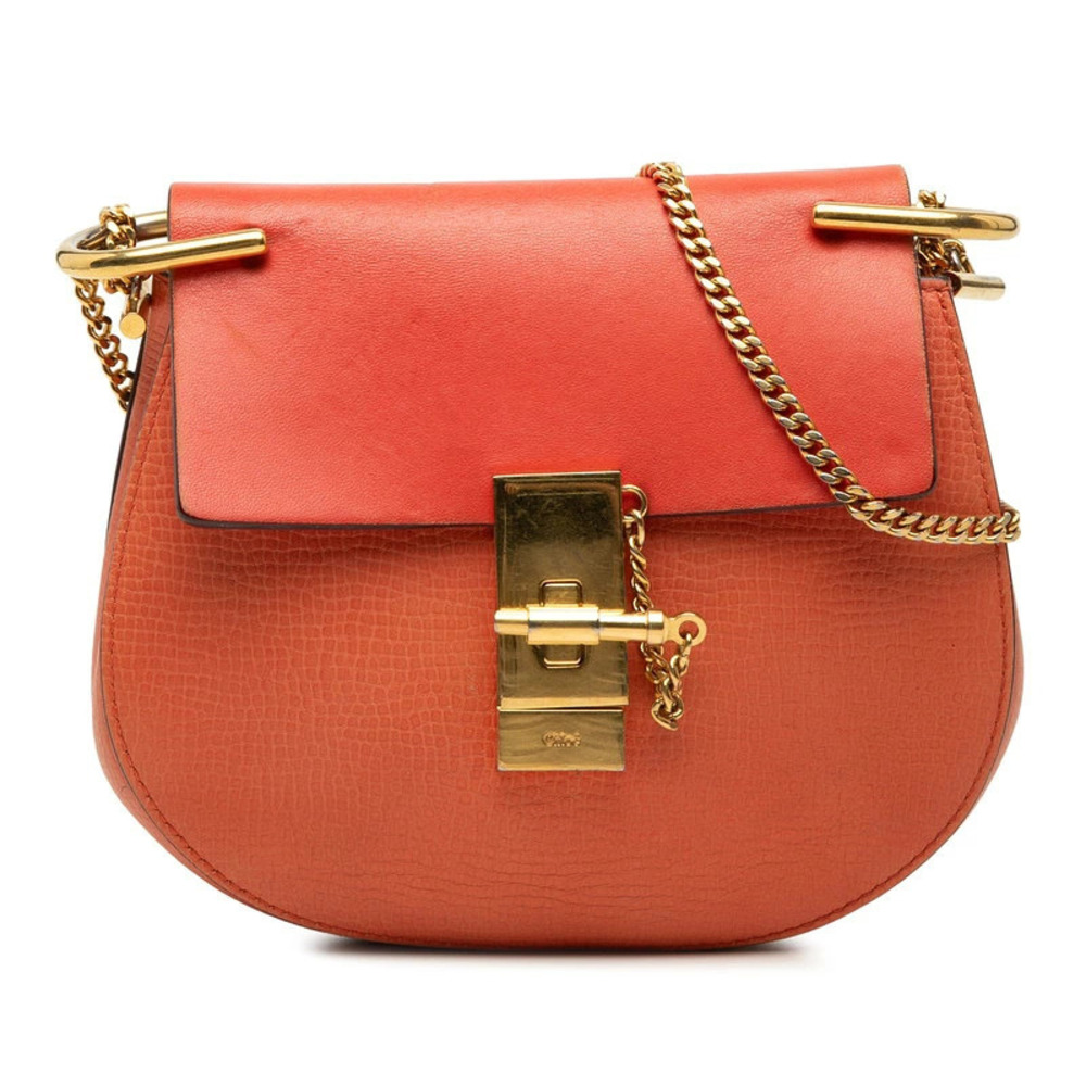Chloe Drew Crossbody Chain Shoulder Bag Orange Gold Leather Plated